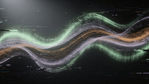 Abstract wave background with digital particles and glitch effect - Powered by Adobe
