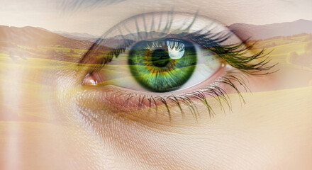 Detailed close up macro shot of a green human eye reflecting a desert landscape with warm sunny tones and visible eyelashes and skin texture.