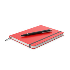 Closed red hardcover notebook with pen, band, and ribbon marker