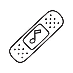 Simple hand-drawn band-aid with a musical note symbol. Conceptual doodle illustration representing the healing power of music, music therapy, or emotional first aid.
