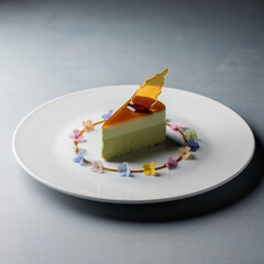 Cake slice, layered dessert with caramel and edible flowers