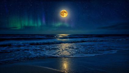 Moonlit Ocean Waves with Northern Lights at Night