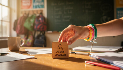 Class speaker role being selected in a bright classroom.
