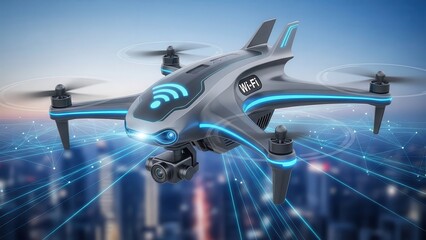 Futuristic drone with blue lights flying over a cityscape at dusk
