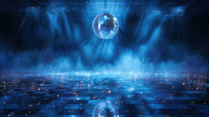 Vibrant blue disco background features shimmering dance floor and large mirror ball reflecting light. atmosphere is filled with excitement and energy, perfect for lively event