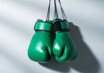 Pair of Green Boxing Gloves Hanging Against a White Wall with Shadows.
