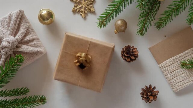 Christmas gift boxes and decorations on a white background, top view, flat lay, holiday season.