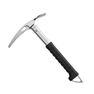 Professional mountaineering ice axe with serrated pick and ergonomic rubber grip on transparent background