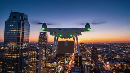 A drone carrying a package flies over a modern city skyline at sunset, showcasing urban delivery technology.