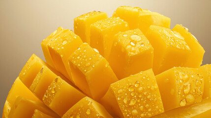 A closeup of fresh, ripe, sweet yellow mango slices and cubes on a white plate, perfect for a healthy tropical dessert or snack