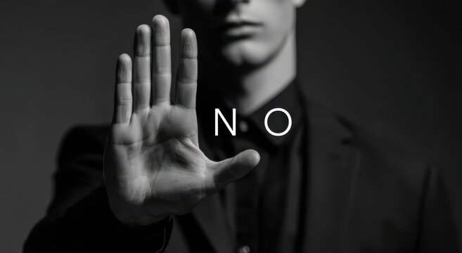 a man holding his hand up with the word "no" written on it, symbolizing defiance