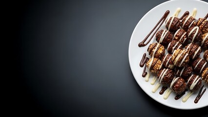 Gourmet Chocolate and White Chocolate Drizzled Popcorn Balls Served on a White Plate, Against a Dark Background with Elegant Copy Space for Menus and Recipes world popcorn day