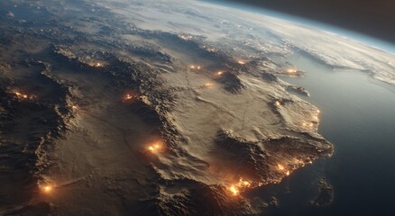 a map of the middle east, with sand dunes in between it and small fires on top of them, in a desert environment