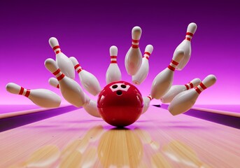 Red Bowling Ball Striking White Pins on a Vibrant Purple Lane.