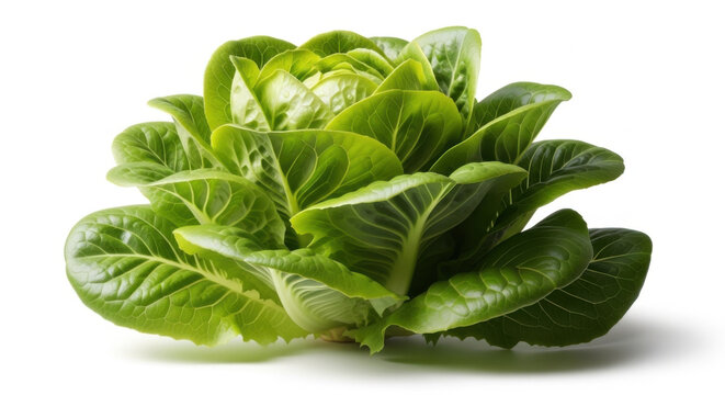A fresh head of green romaine lettuce is set against a clean white backdrop under natural lighting, highlighting its vibrant texture and crisp leaves. - Powered by Adobe