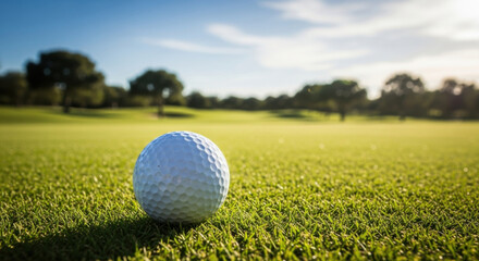 Fototapeta premium Close up of a golf ball resting on vibrant green grass, under a clear blue sky and serene golf course background with trees, conveys leisure and outdoor recreation.