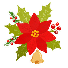christmas holly leaves and berries with bell