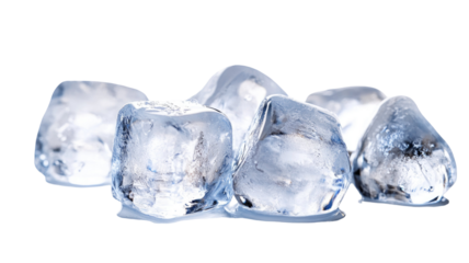 Crystal clear ice cubes showcasing transparency, sharp edges, and frozen texture, ideal for beverage visuals and cooling elements isolated on white background