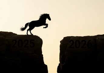 Silhouette of a horse jumping between two cliffs with 2025 and 2026 inscribed, symbolizing a leap into the new year.