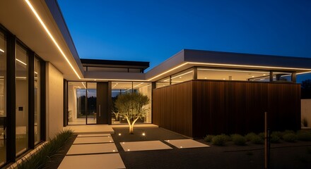 Fototapeta premium Modern Home Exterior at Dusk with Illuminated Pathway and Architecture.