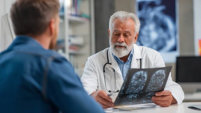 A doctor explains medical images to a patient in a modern clinic. The interaction displays care, professionalism, and the importance of clear communication in healthcare.