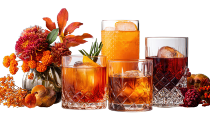 Warm amber and crimson cocktails with autumn floral accents