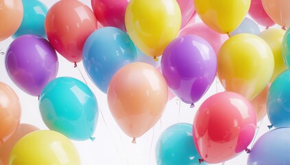 Vibrant cluster of brightly colored party balloons floating against a clean white background creating a festive atmosphere