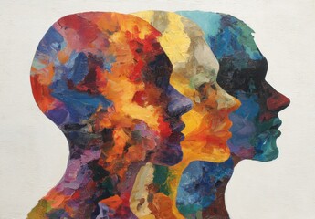 abstract, colorful silhouettes of three heads, each representing a different personality surviving in the same environment, symbolizing mental health and the self