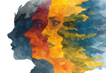 abstract, colorful silhouettes of three heads, each representing a different personality surviving in the same environment, symbolizing mental health and the self