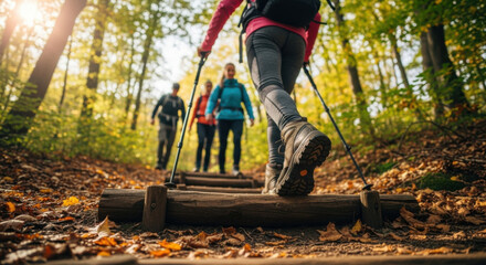 A group hikes up wooden steps on a trail in an autumn forest. Sunlit canopy, colorful foliage, and blurred background create an adventurous outdoor scene.