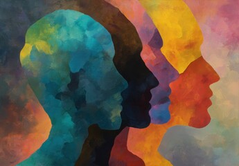abstract, colorful silhouettes of three heads, each representing a different personality surviving in the same environment, symbolizing mental health and the self