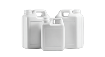 Three white plastic containers of varying sizes with handles and spouts