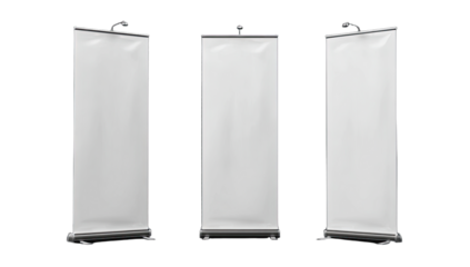 Three blank, upright retractable banner stands on white background