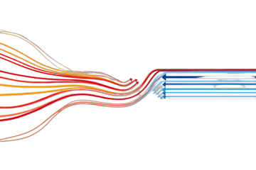 Energetic, flowing lines of red, orange, and yellow transform into a structured, blue and white form