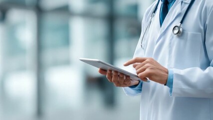 A healthcare professional wearing a white coat uses a tablet to access patient information. The modern setting highlights the integration of technology in medicine.