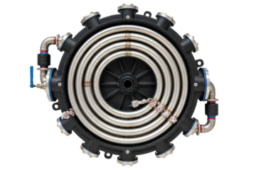 Round industrial heat exchanger with stainless steel spiral pipes isolated on a transparent background
