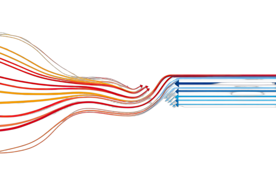 Energetic, flowing lines of red, orange, and yellow transform into a structured, blue and white form - Powered by Adobe