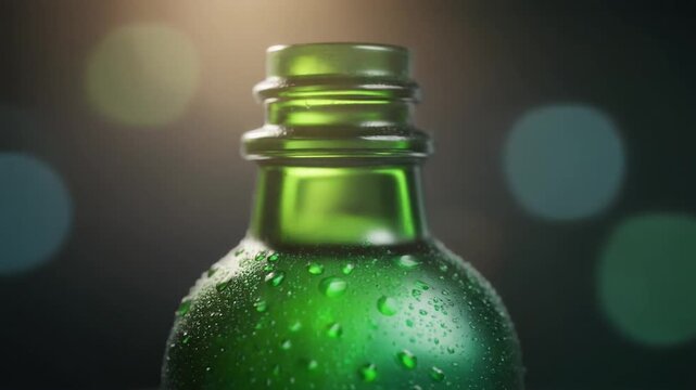 Close-up of green glass wellness bottle featuring condensation droplets and embossed texture. Cinematic studio lighting creates emerald gradients against a dark bokeh background for premium branding.