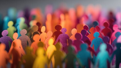 colorful paper cut-out crowd of people, close-up, blurry background, depth of field.
