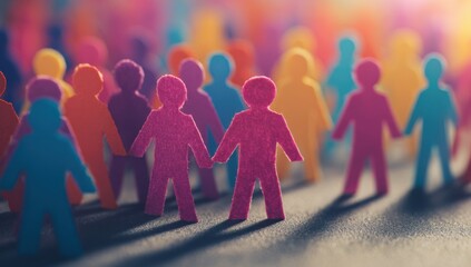 colorful paper cut-out crowd of people, close-up, blurry background, depth of field.