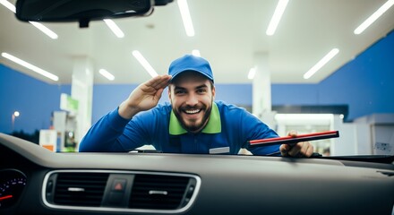 Smiling gas station attendant salutes from behind car windshield.