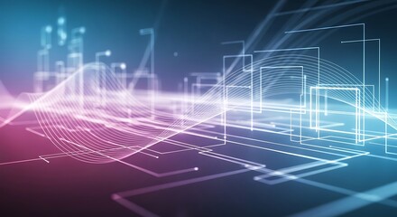 Futuristic digital city skyline with glowing neon lines and data streams.