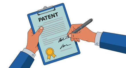 Person signing important legal document for patent approval with pen