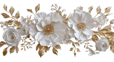 Ornate floral arrangement with white petals and golden leaves