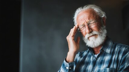 An elderly man with a thoughtful expression touches his temple, representing contemplation or concern. The soft lighting creates an intimate atmosphere, evoking emotions of wisdom.