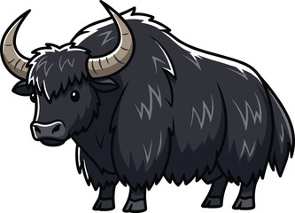 Cartoon Yak Vector Illustration with Shaggy Fur, Curved Horns, Himalayan Animal Character for Educational, Cultural, and Children’s Design Projects