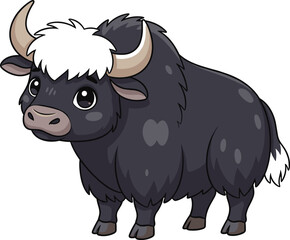 Cartoon yak vector illustration with shaggy fur, white tuft, curved horns, expressive eyes, isolated on white background for educational use