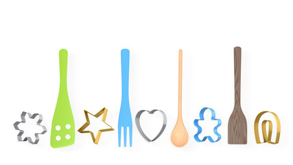 Set of baking utensils, and cookie cutters isolated on white background, concept of home baking preparation