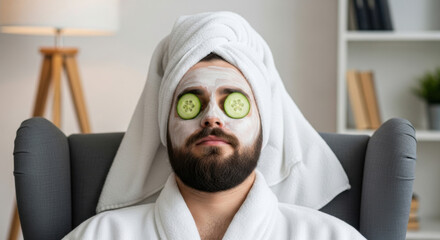 Close-up of a man wearing a facial mask with cucumber slices over his eyes, towel and robe on a gray chair. He is relaxing in spa at a calm home environment.