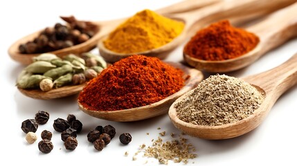 Vibrant variety of ground and whole spices in wooden spoons.